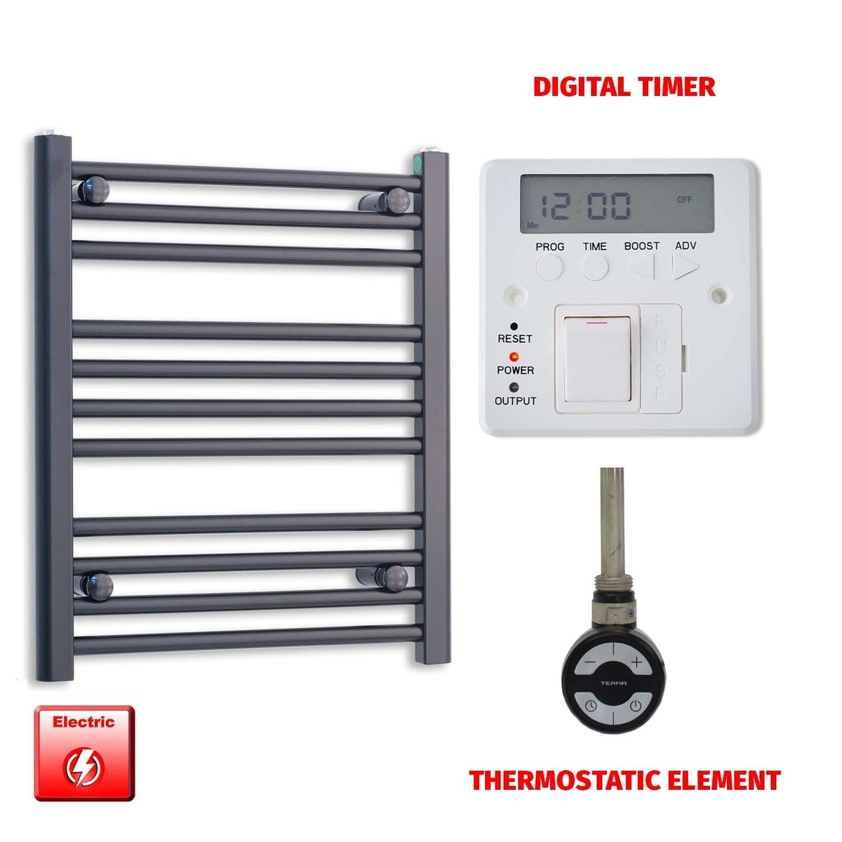 600 x 500 Flat Black Pre-Filled Electric Heated Towel Radiator HTR MOA Thermostatic Digital Timer