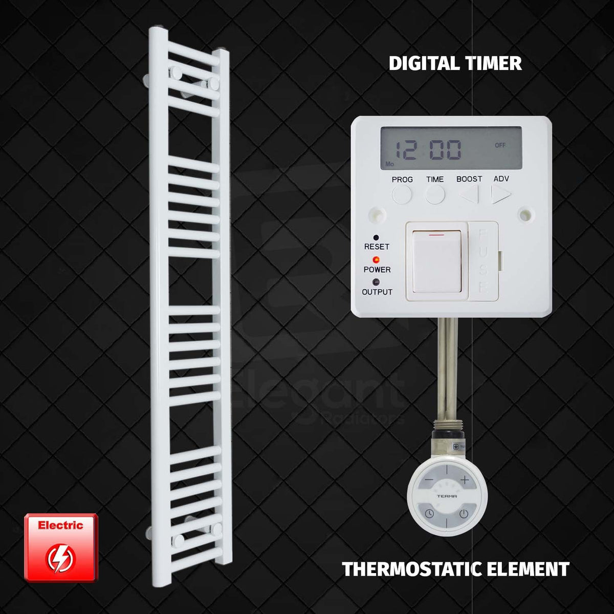 1200 x 250 Pre-Filled Electric Heated Towel Radiator White Thermostatic Element Digital Timer