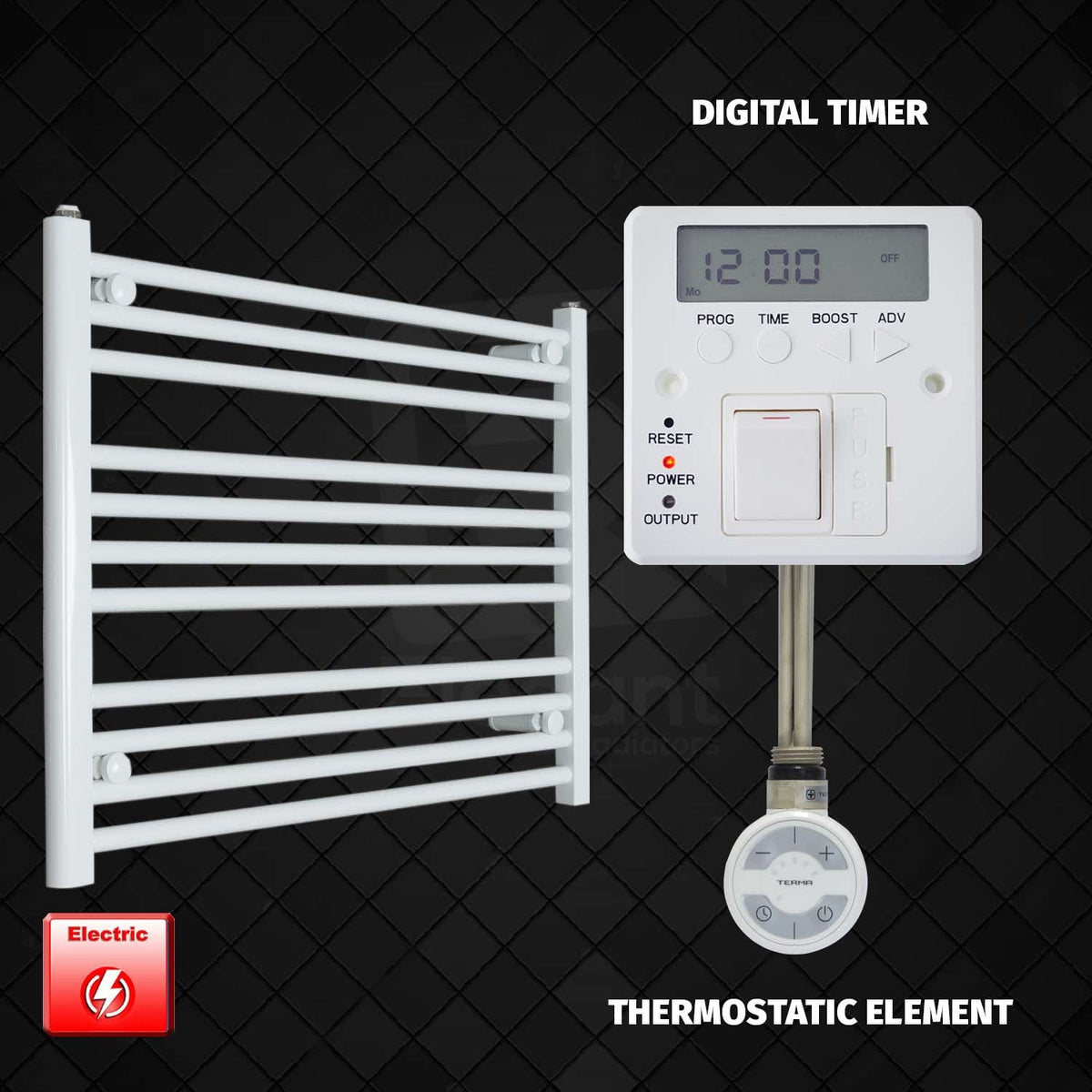 600 mm High 750 mm Wide Pre-Filled Electric Heated Towel Radiator White HTR MOA Thermostatic element Digital timer