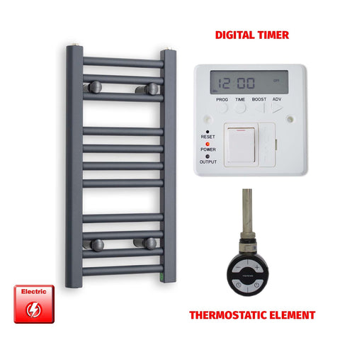 600 x 300 Flat Anthracite Pre-Filled Electric Heated Towel Radiator HTR MOA Thermostatic element Digital timer