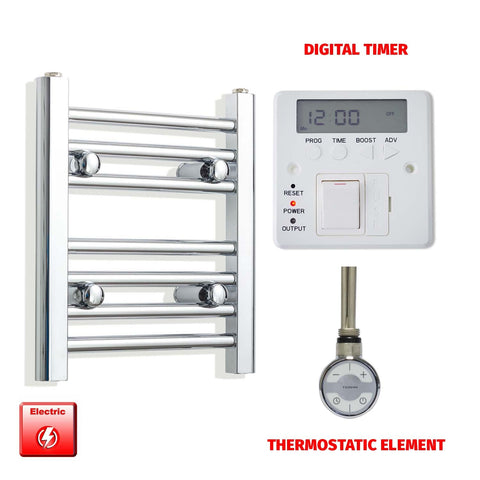 400mm High 300mm Wide Pre-Filled Electric Heated Towel Rail Radiator Straight Chrome MOA Element Digital Timer