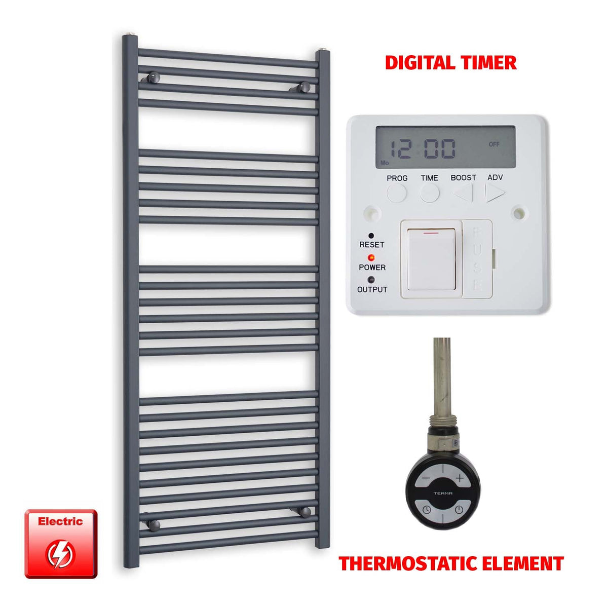 1400 x 600 Flat Anthracite Pre-Filled Electric Heated Towel Radiator HTR MOA Thermostatic element Digital timer