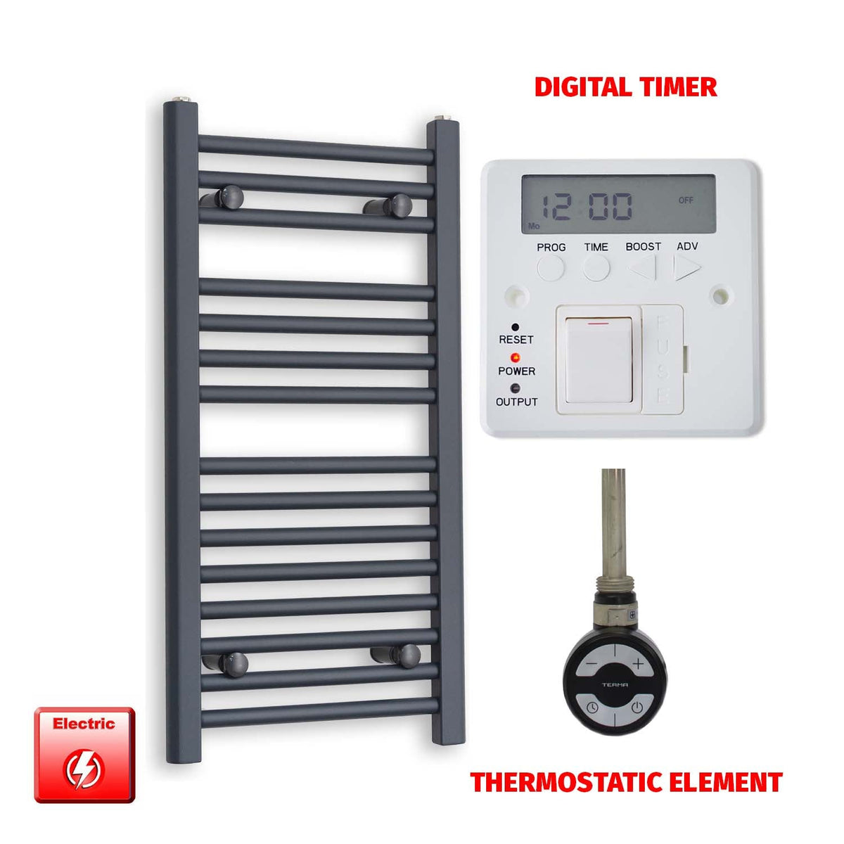 800mm High 500mm Wide Flat Anthracite Pre-Filled Electric Heated Towel Radiator HTR MOA Thermostatic element Digital timer