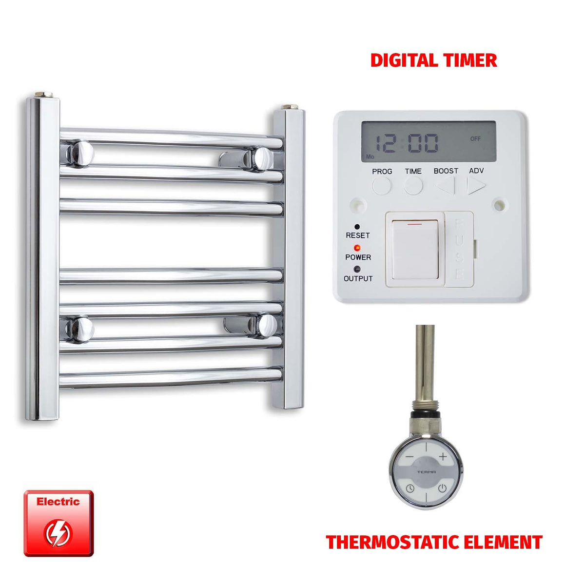 400 x 500mm Pre-Filled Electric Heated Towel Radiator Straight or Curved Chrome MOA Thermostatic element Digital timer