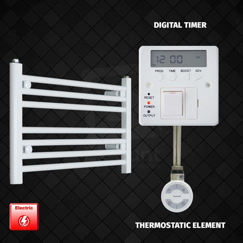 400 x 600 Pre-Filled Electric Heated Towel Radiator White HTR MOA Thermostatic Element Digital Timer