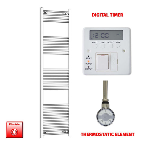 1600 x 450 Pre-Filled Electric Heated Towel Radiator Straight Chrome MOA Thermostatic element Digital timer