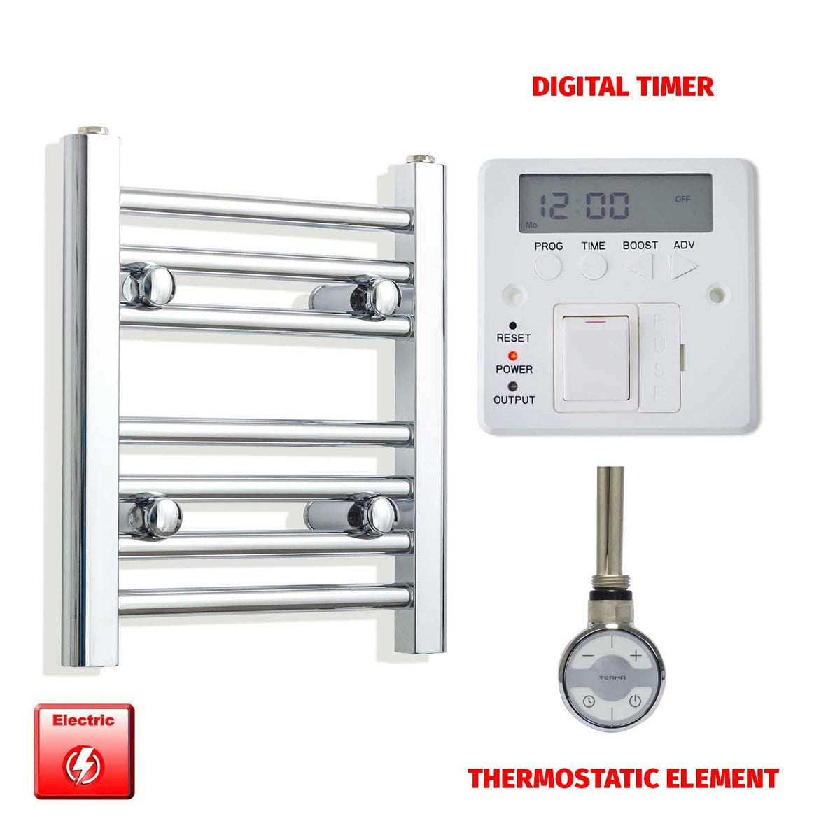 400mm High 350mm Wid Pre-Filled Electric Heated Towel Rail Radiator Straight Chrome MOA Thermostatic element Digital timer