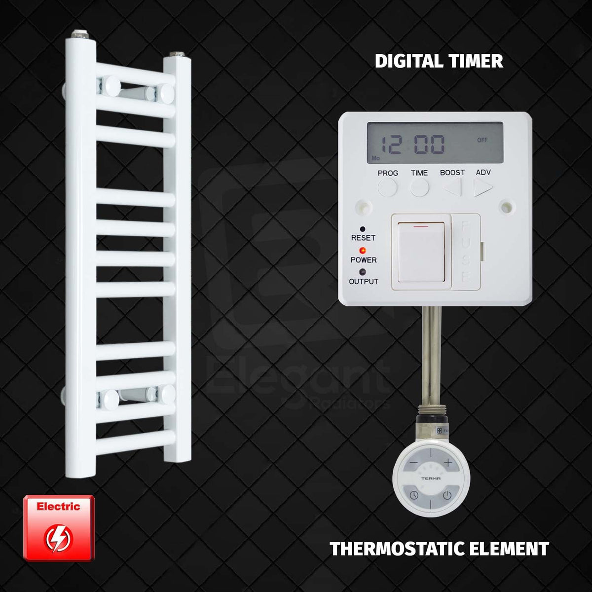 600 x 200 Pre-Filled Electric Heated Towel Radiator White HTR MOA Digital Timer Thermostatic Element