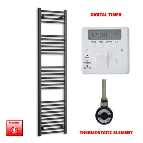 1600mm High 450mm Wide Flat Black Pre-Filled Electric Heated Towel Rail Radiator HTR MOA Thermostatic Digital Timer