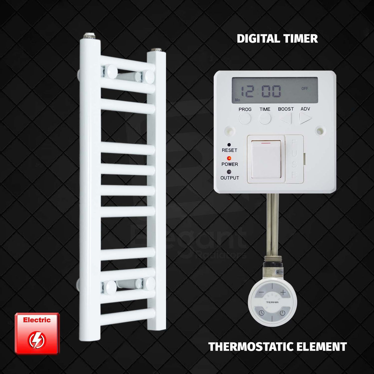 600 mm High 300 mm Wide Pre-Filled Electric Heated Towel Rail Radiator White HTR Digital Timer Thermostatic Element MOA