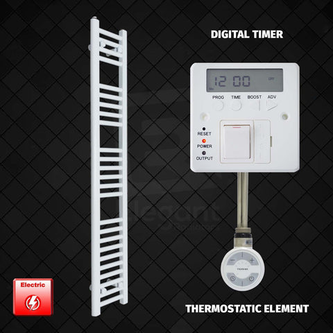 1400 mm High 200 mm Wide Pre-Filled Electric Heated Towel Rail Radiator White MOA Thermostatic Element Digital Timer
