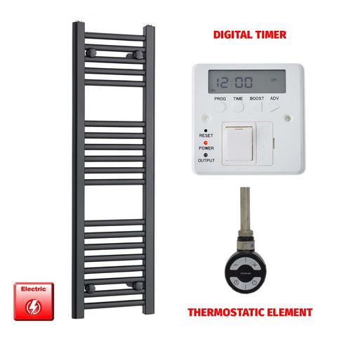 1000mm High 300mm Wide Flat Black Pre-Filled Electric Heated Towel Rail Radiator MOA Thermostatic Digital Timer