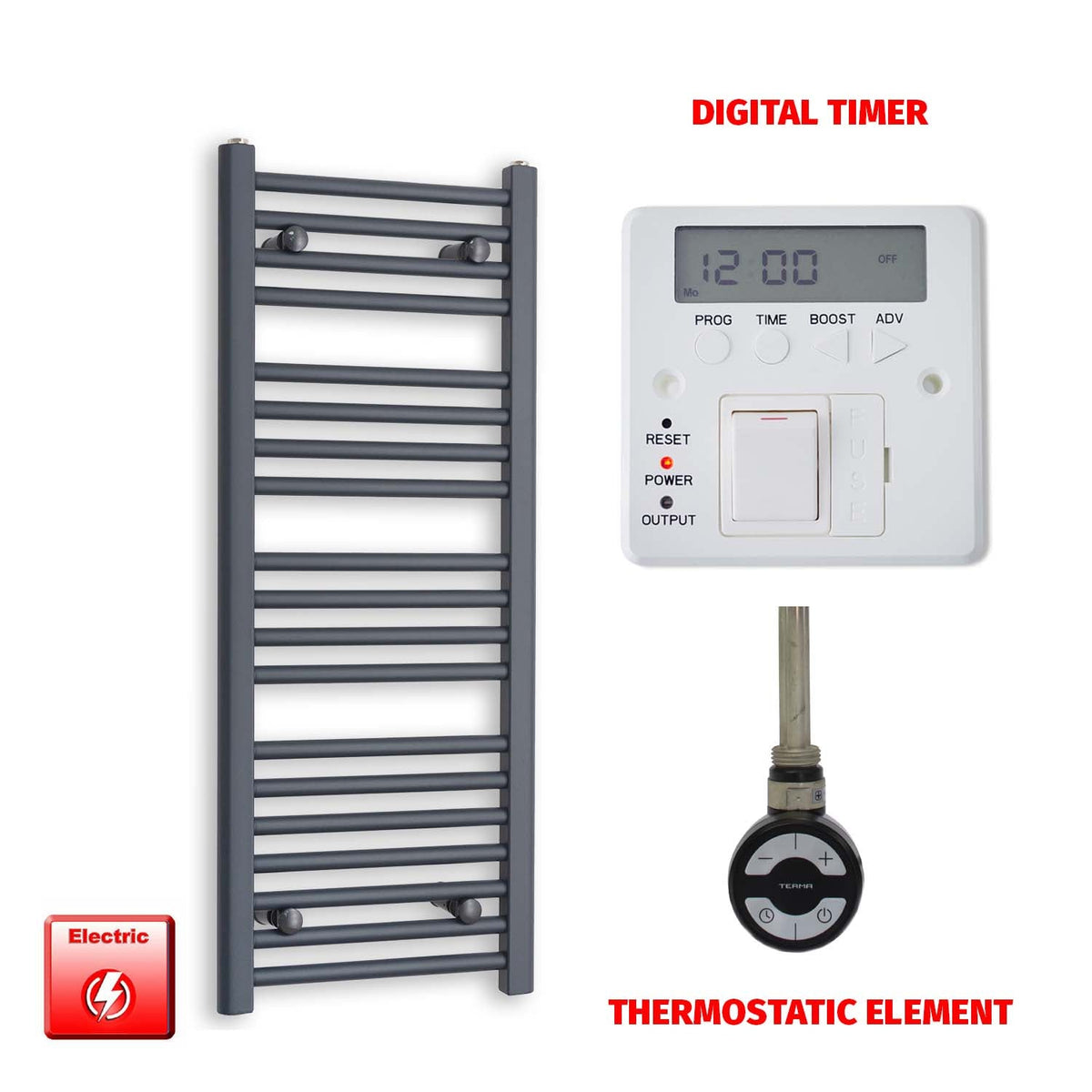 1000 x 400 Flat Anthracite Pre-Filled Electric Heated Towel Radiator HTR MOA Thermostatic element Digital timer