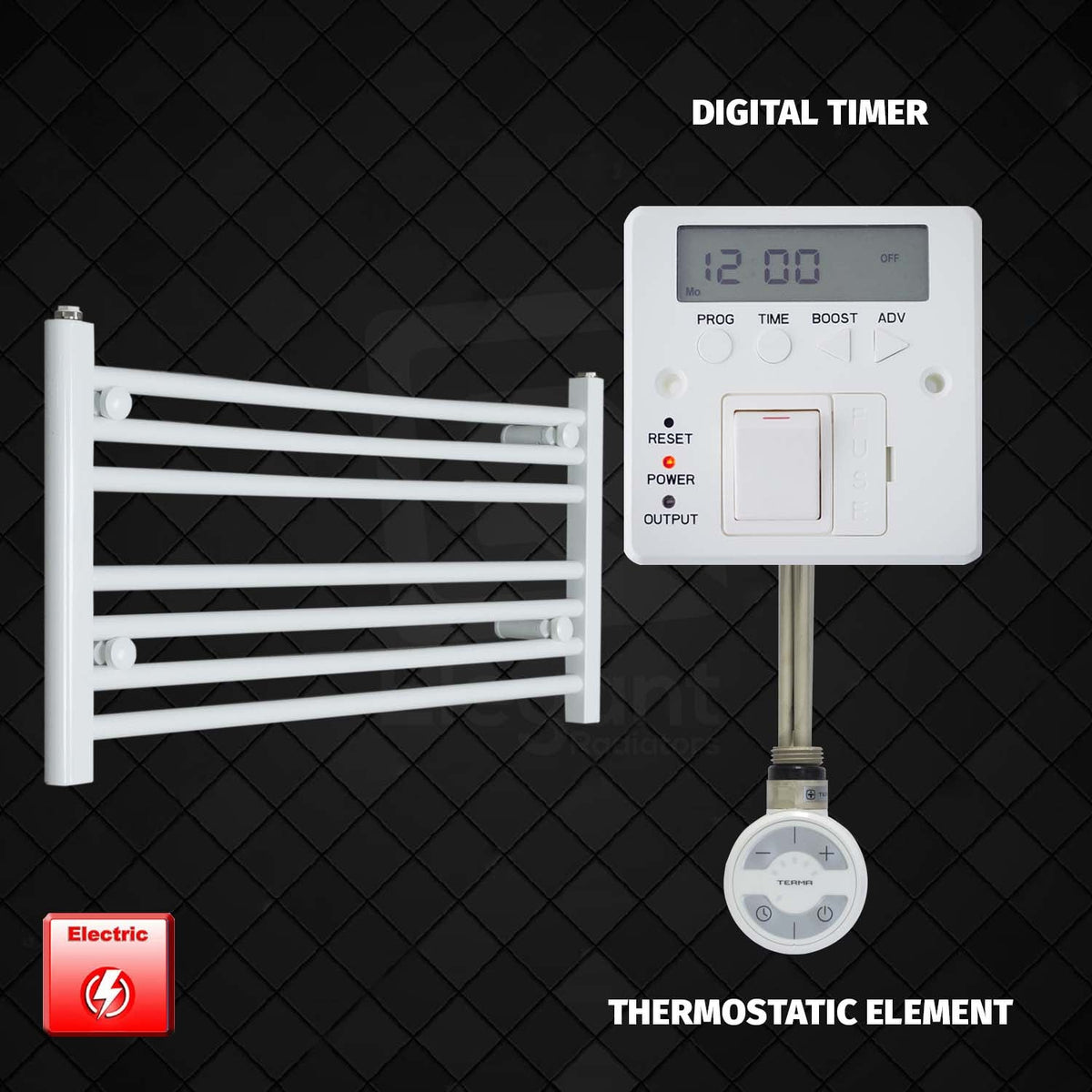 400 mm High 800 mm Wide Pre-Filled Electric Heated Towel Radiator White HTR MOA Thermostatic element Digital timer