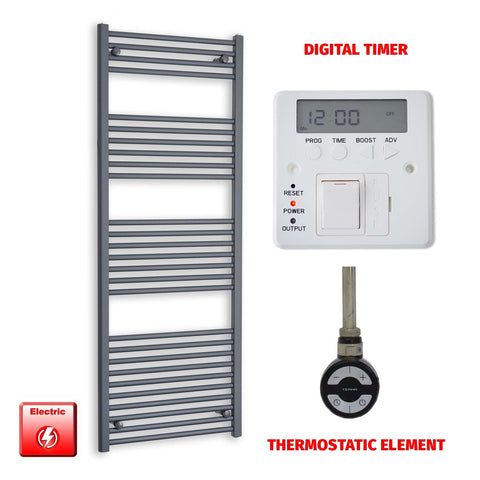 1600mm High 600mm Wide Flat Anthracite Pre-Filled Electric Heated Towel Rail Radiator HTR MOA Thermostatic element Digitaltimer
