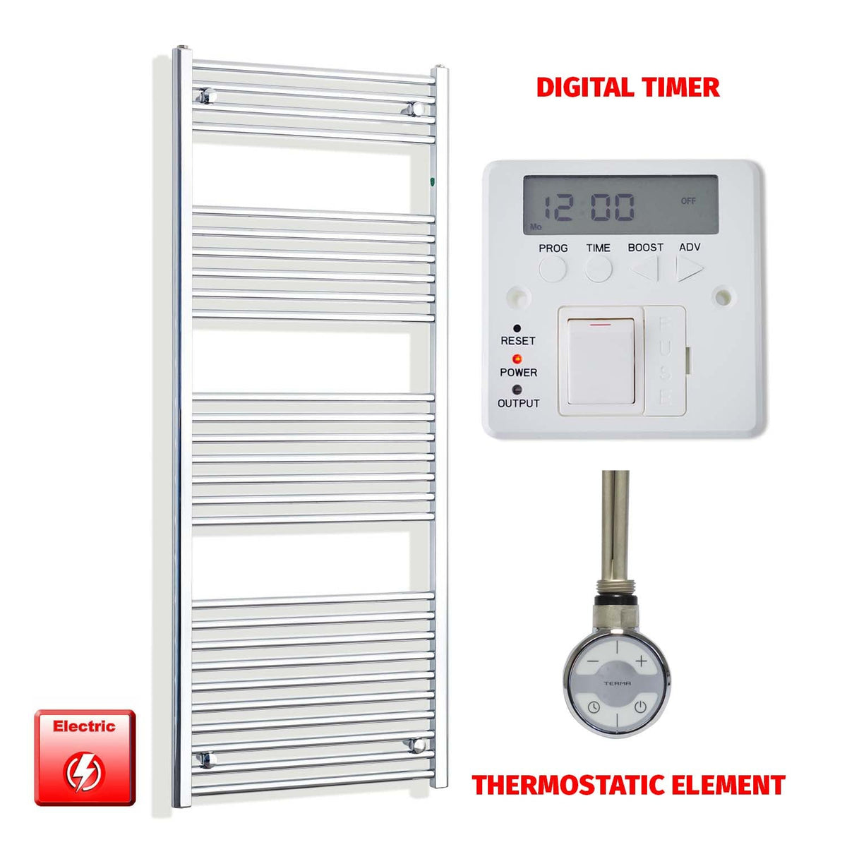 1600mm High 500mm Wide Pre-Filled Electric Heated Towel Radiator Straight or Curved Chrome MOA Thermostatic element Digital timer