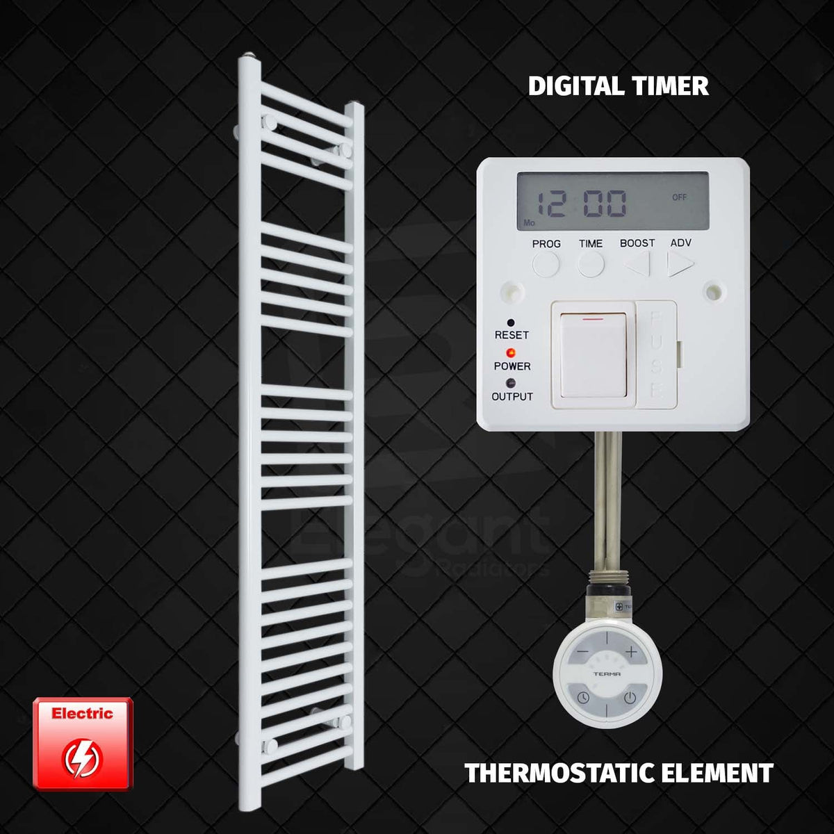 1400 x 300 Pre-Filled Electric Heated Towel Radiator White HTR MOA Digital Timer Thermostatic Element