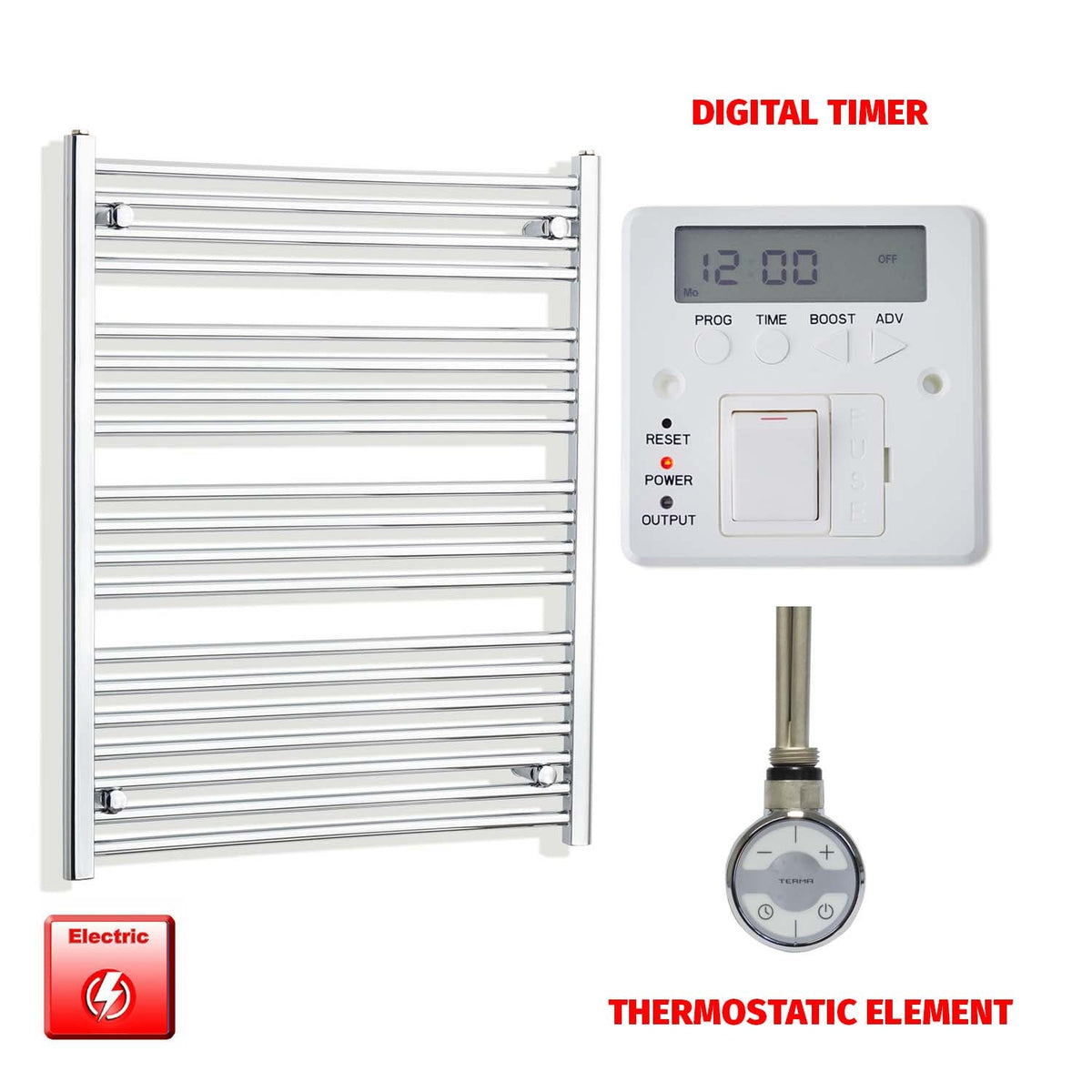 1000 x 750 Pre-Filled Electric Heated Towel Radiator Curved or Straight Chrome MOA Thermostatic element Digital timer