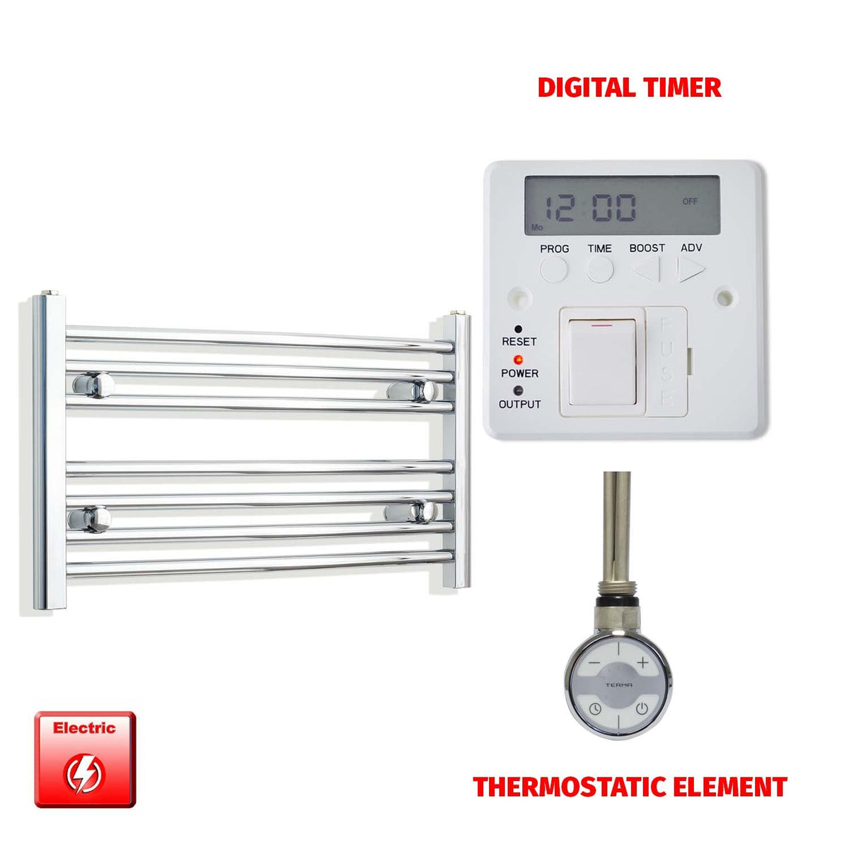 400mm High 700mm Wide Pre-Filled Electric Heated Towel Radiator Curved or Straight Chrome MOA Thermostatic element Digital timer