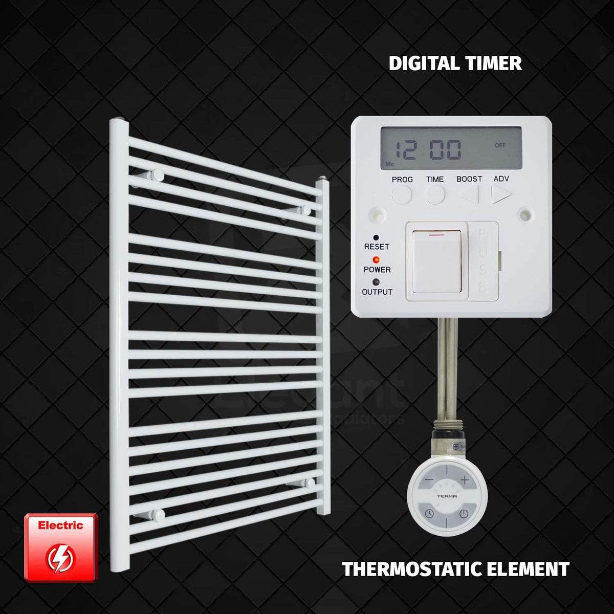 1000 x 750 Pre-Filled Electric Heated Towel Radiator White HTR MOA Thermostatic element Digital timer