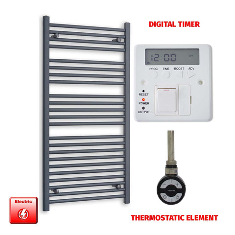 1200mm High 600mm Wide Flat Anthracite Pre-Filled Electric Heated Towel Rail Radiator HTR MOA Thermostatic element Digital timer