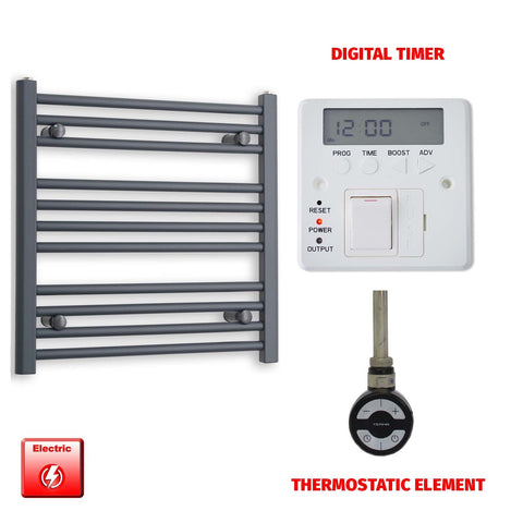 600mm High 600mm Wide Flat Anthracite Pre-Filled Electric Heated Towel Rail Radiator HTR MOA Thermostatic element Digital timer