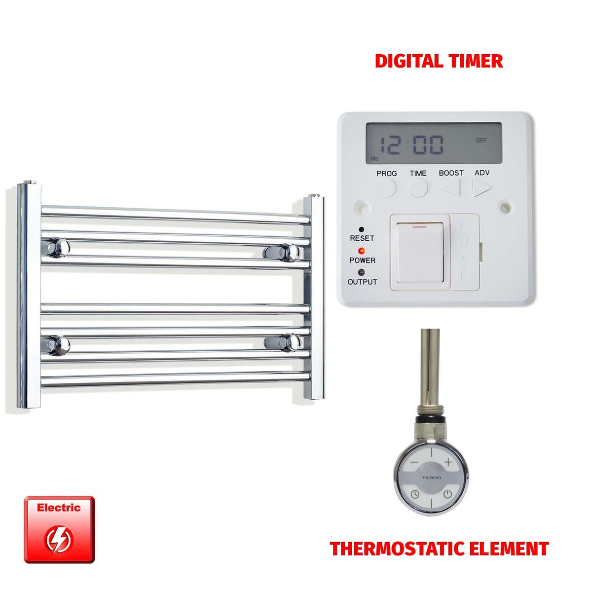 400 x 600 Pre-Filled Electric Heated Towel Radiator Straight or Curved Chrome MOA Thermostatic element Digital timer