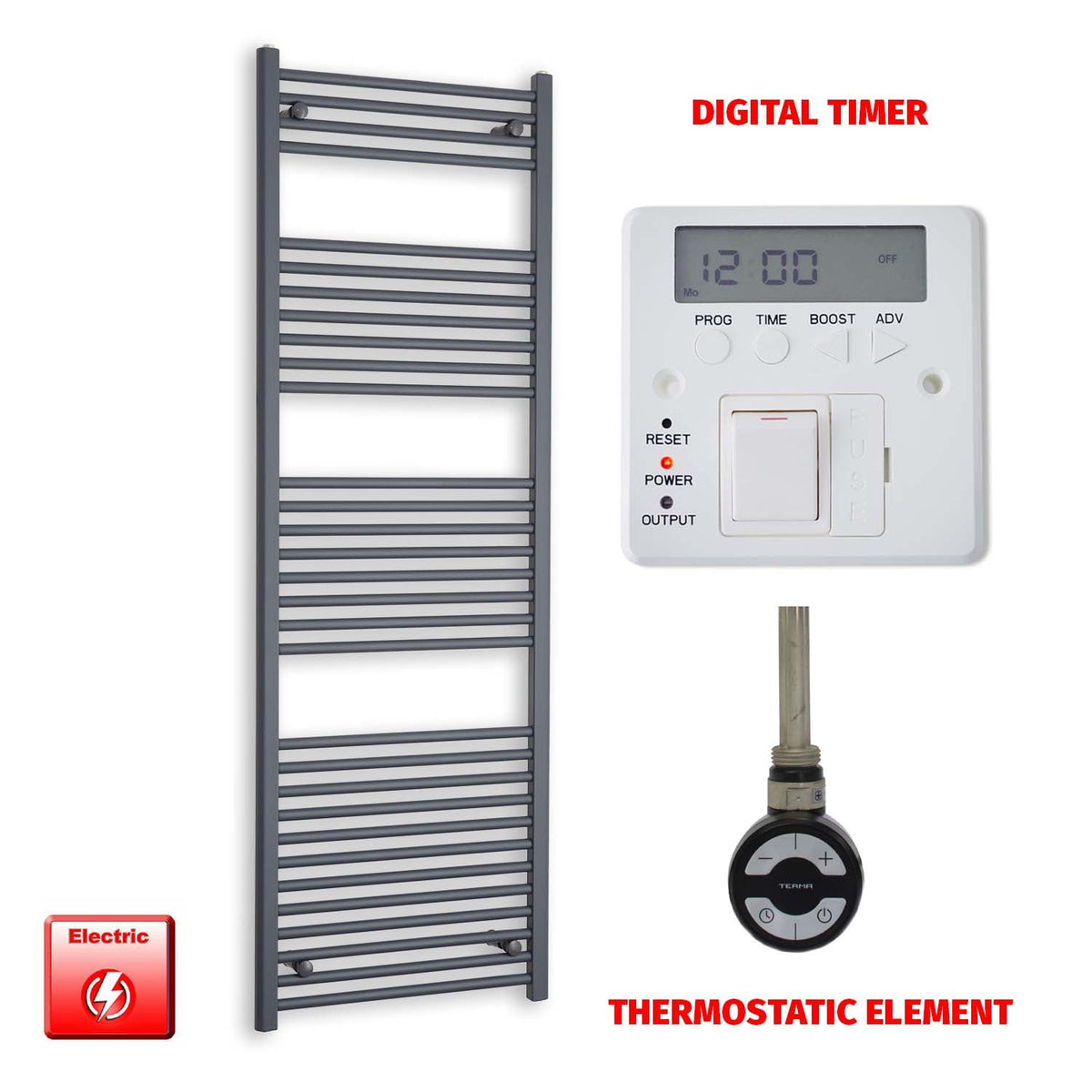 1800mm High 600mm Wide Flat Anthracite Pre-Filled Electric Heated Towel Rail Radiator HTR MOA Thermostatic element Digital timer