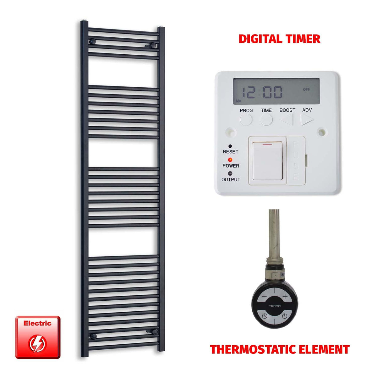 1800mm High 500mm Wide Flat Black Pre-Filled Electric Heated Towel Radiator MOA Thermostatic Digital Timer