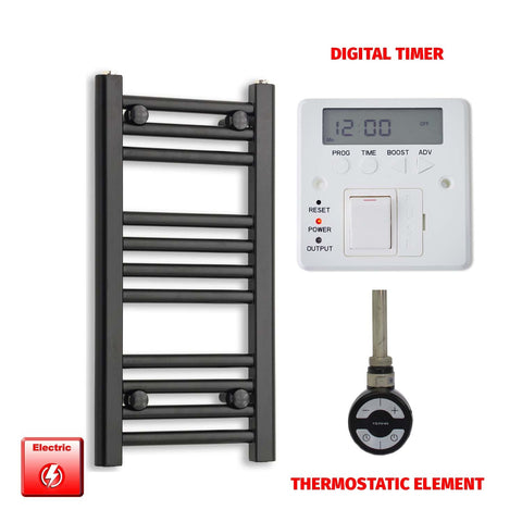 600mm High 300mm Wide Flat Black Pre-Filled Electric Heated Towel Rail Radiator HTR MOA Thermostatic Digital Timer