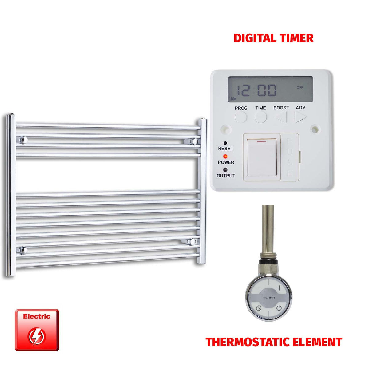 700 x 1000 Pre-Filled Electric Heated Towel Radiator Straight Chrome MOA Thermostatic element Digital timer