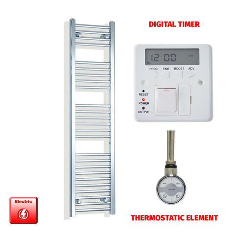 1400mm High 300mm Wide Pre-Filled Electric Heated Towel Rail Radiator Straight Chrome MOA Element Digital Timer
