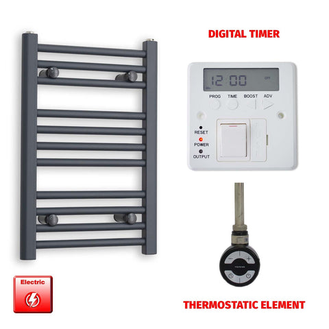600mm High 400mm Wide Flat Anthracite Pre-Filled Electric Heated Towel Rail Radiator HTR MOA Thermostatic element Digital timer