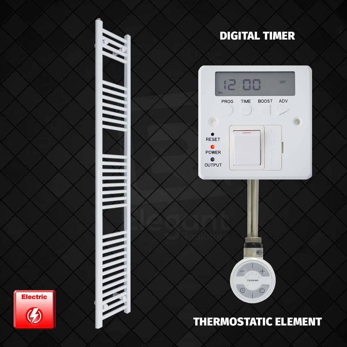 1800 mm High 200 mm Wide Pre-Filled Electric Heated Towel Rail Radiator White HTR MOA Thermostatic Element Digital Timer