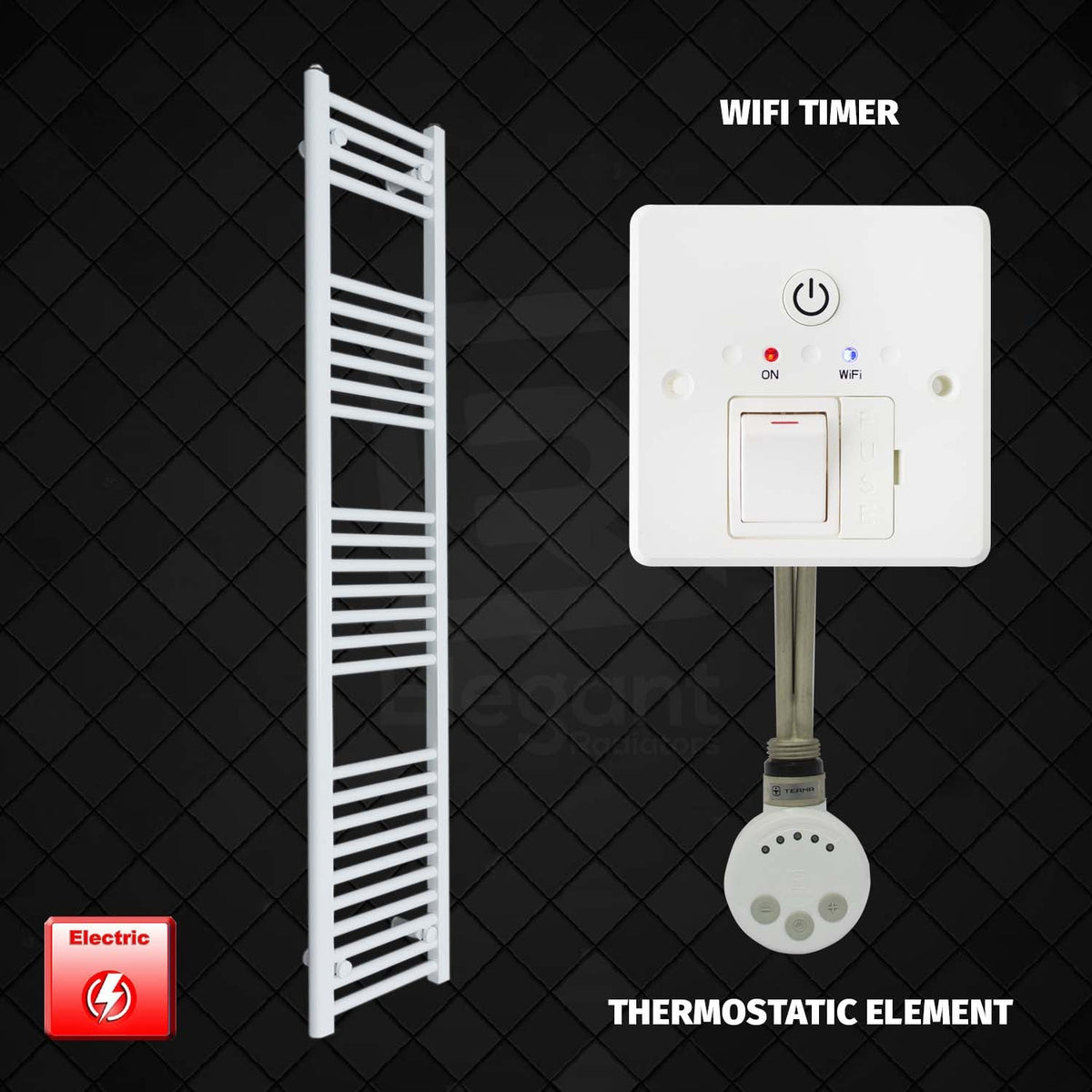 1600 mm High 300 mm Wide Pre-Filled Electric Heated Towel Rail Radiator White HTR Wifi Timer Thermostatic element