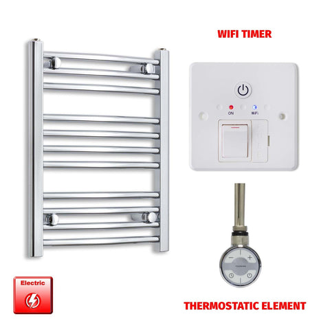 600mm High 400mm Wide Pre-Filled Electric Heated Towel Radiator Straight Chrome MOA Thermostatic element Wiif timer