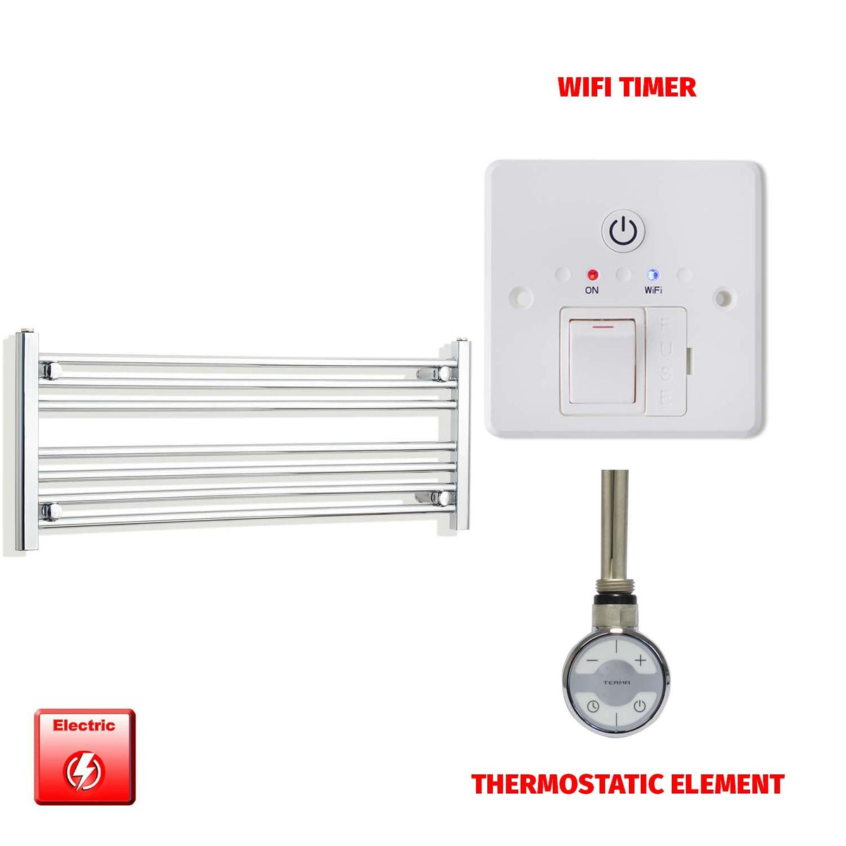 400 x 1000 Pre-Filled Electric Heated Towel Radiator Straight Chrome MOA Thermostatic element Wifi timer