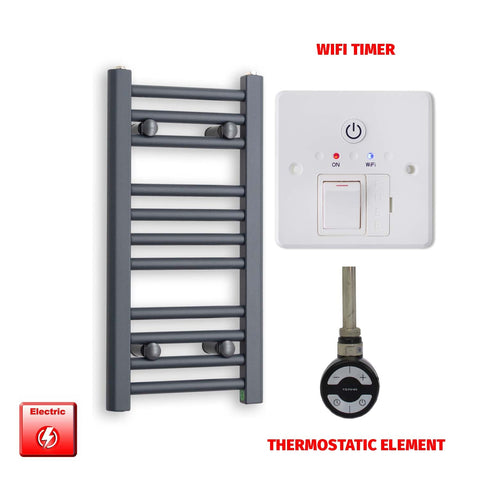 600 x 300 Flat Anthracite Pre-Filled Electric Heated Towel Radiator HTR MOA Thermostatic element Wifi timer