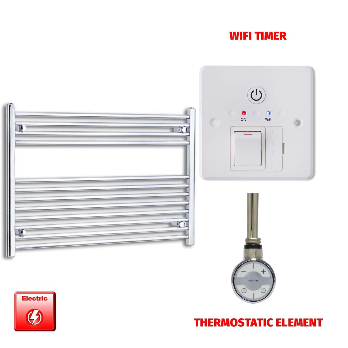 700 x 1200 Pre-Filled Electric Heated Towel Radiator Straight Chrome MOA Thermostatic element Wifi timer