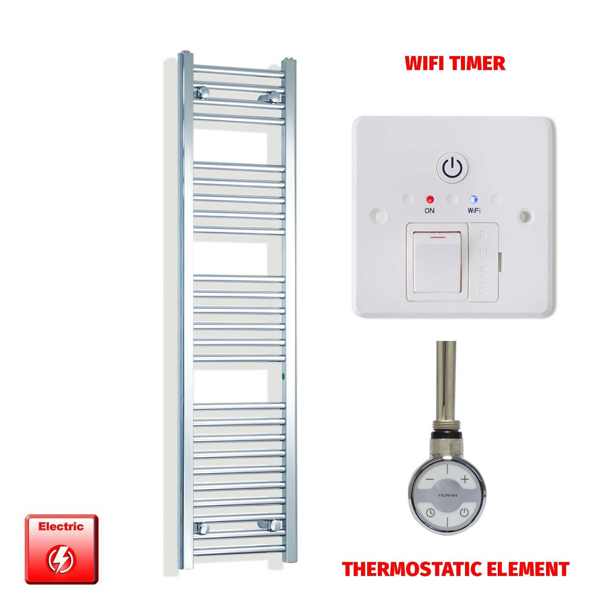1400mm High 300mm Wide Pre-Filled Electric Heated Towel Rail Radiator Straight Chrome MOA Element Wifi Timer