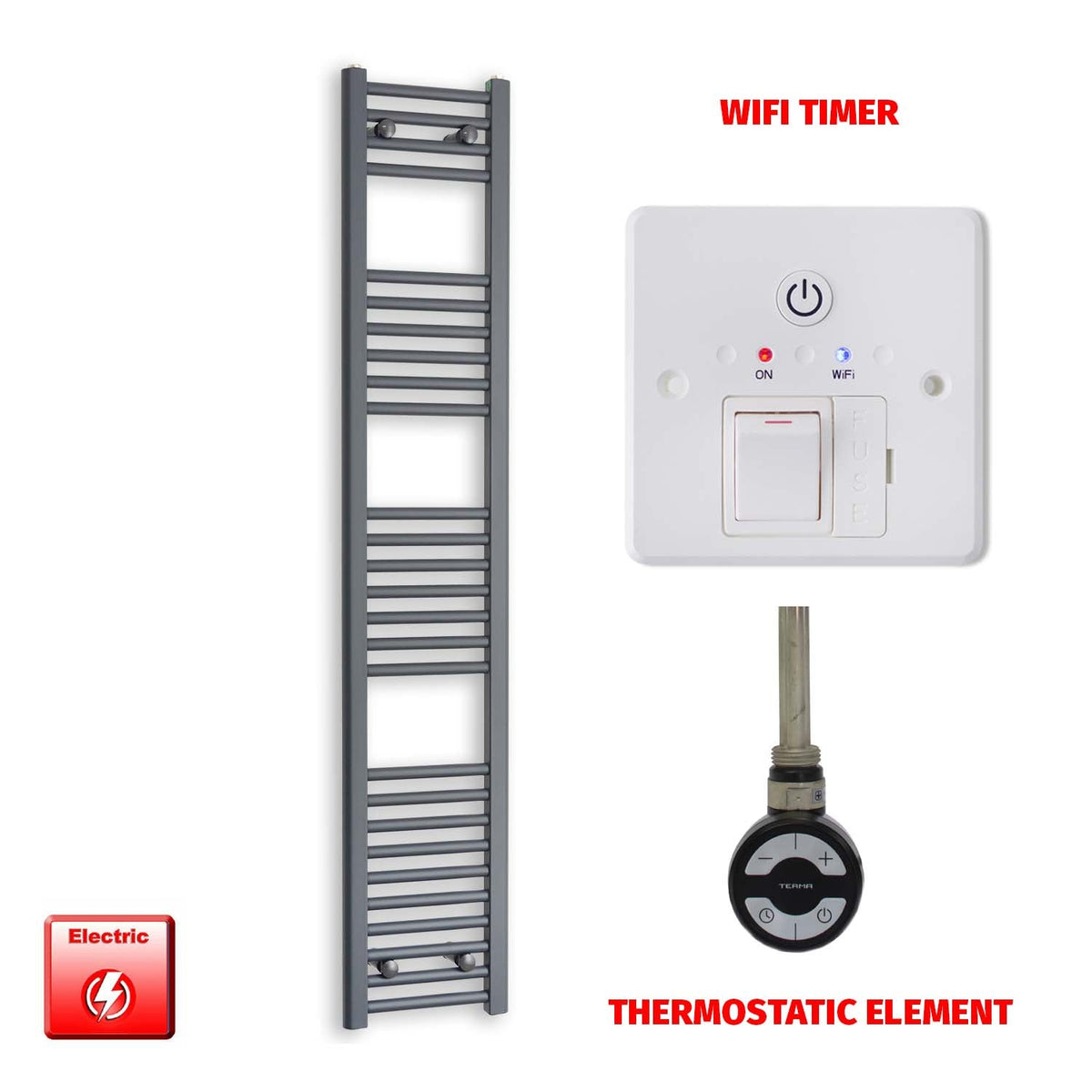 1600 x 300 Flat Anthracite Pre-Filled Electric Heated Towel Radiator HTR MOA Thermostatic element Wifi timer