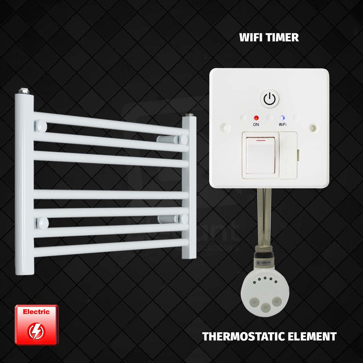 400 x 600 Pre-Filled Electric Heated Towel Radiator White HTR MOA Thermostatic Element Wifi Timer