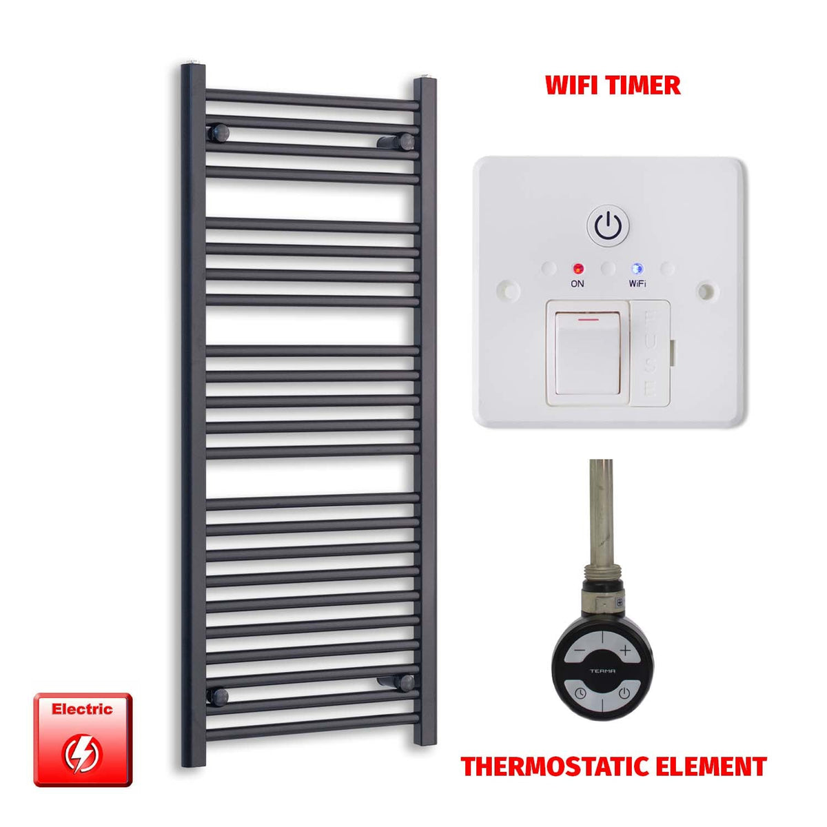 1200 x 550mm Wide Flat Black Pre-Filled Electric Heated Towel Radiator HTR MOA Thermostatic Wifi Timer