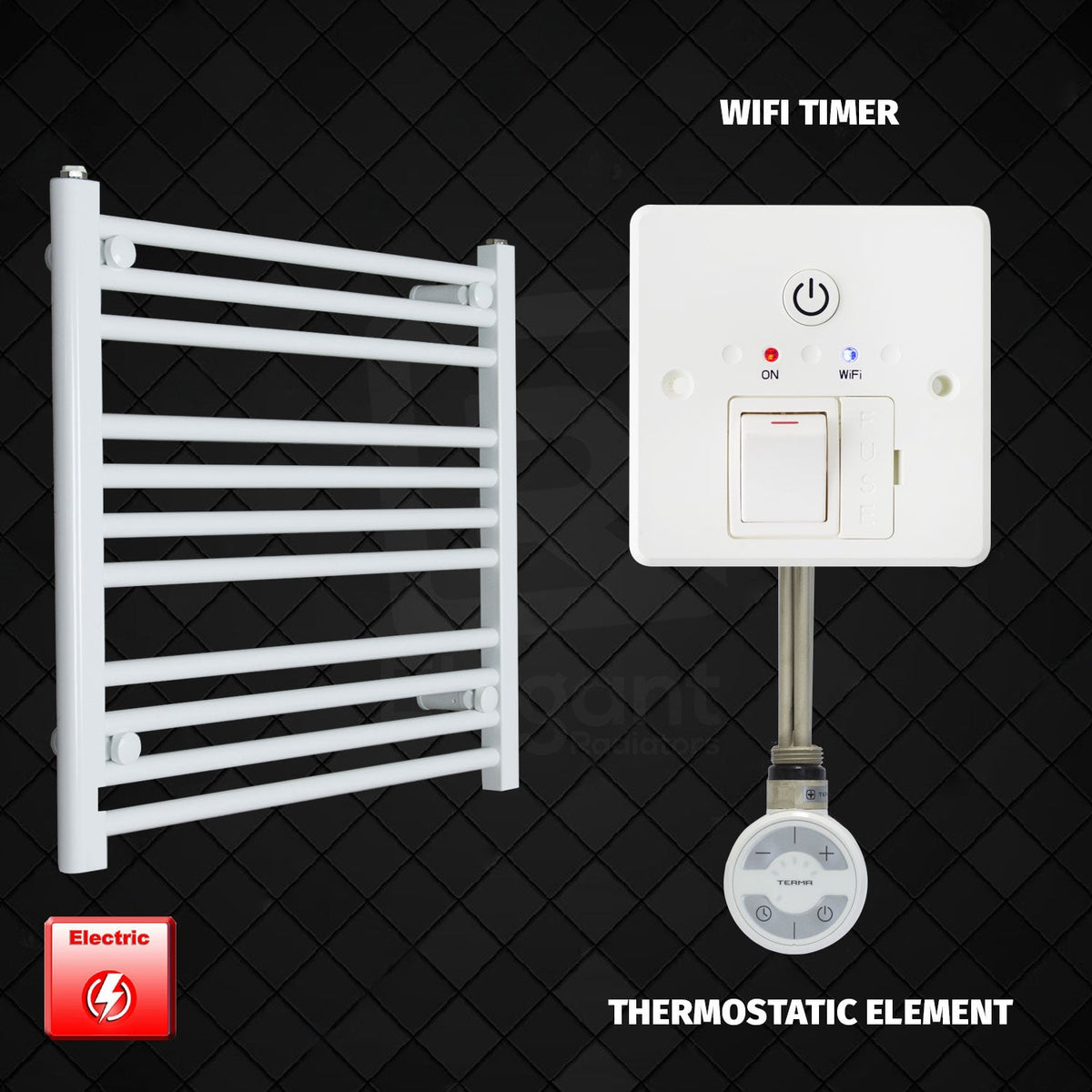 600 mm High 600 mm Wide Pre-Filled Electric Heated Towel Rail Radiator White HTR MOA Thermostatic Element Wifi Timer
