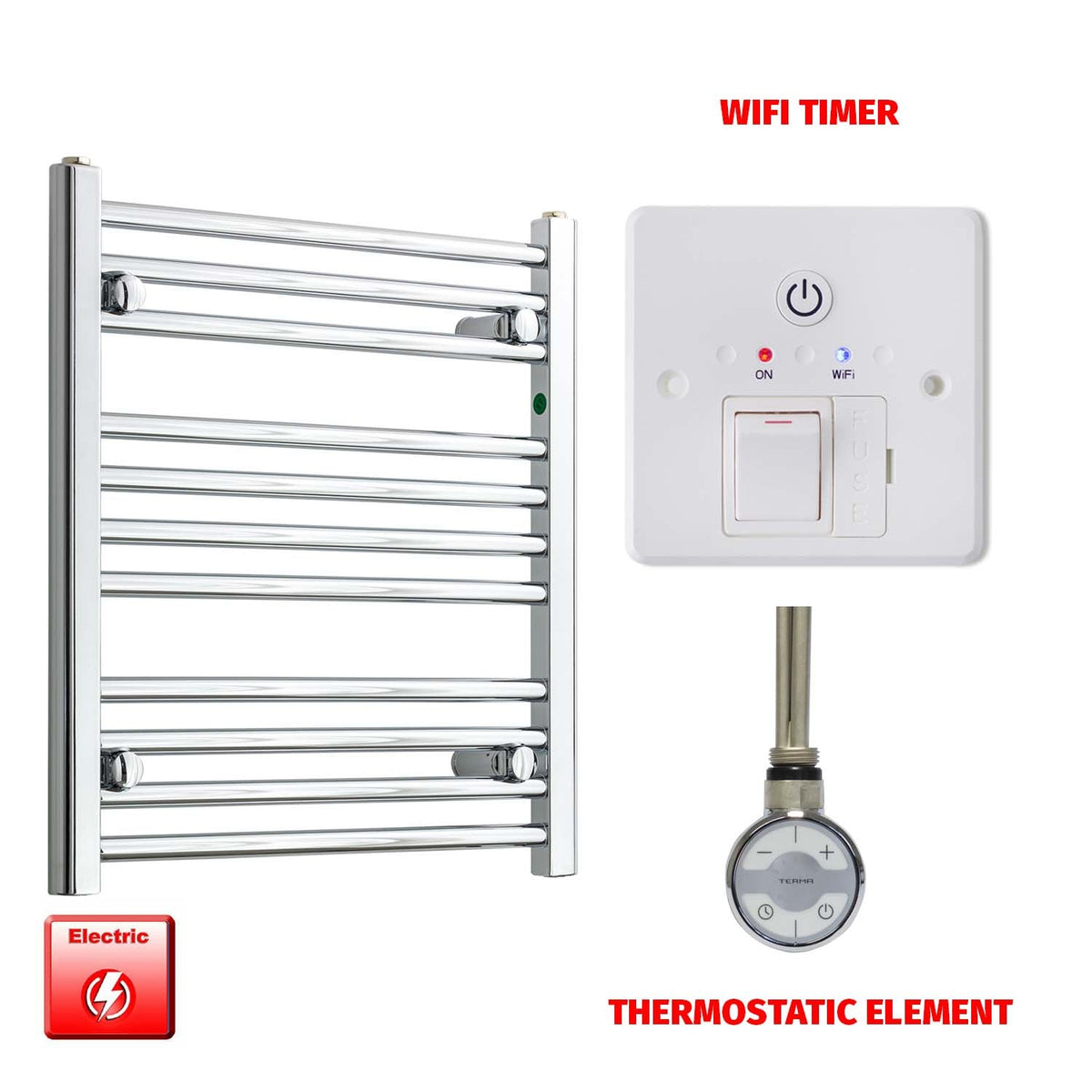 600mm High 500mm Wide Pre-Filled Electric Heated Towel Rail Radiator Straight or Curved Chrome MOA Thermostatic element Wifi timer
