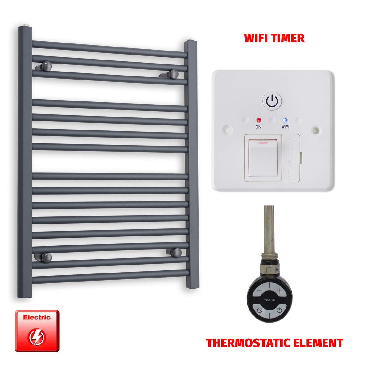 800mm High 600mm Wide Flat Anthracite Pre-Filled Electric Heated Towel Rail Radiator HTR MOA Thermostatic element Wifi timer