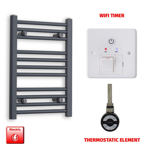 600mm High 400mm Wide Flat Anthracite Pre-Filled Electric Heated Towel Rail Radiator HTR MOA Thermostatic element Wifi timer