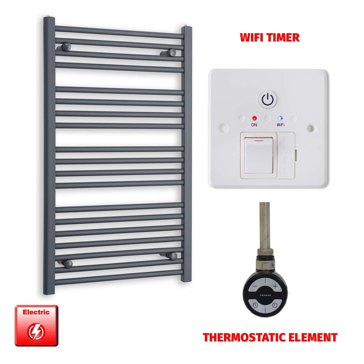 1000mm High 600mm Wide Flat Anthracite Pre-Filled Electric Heated Towel Rail Radiator HTR MOA Thermostatic element Wifi timer