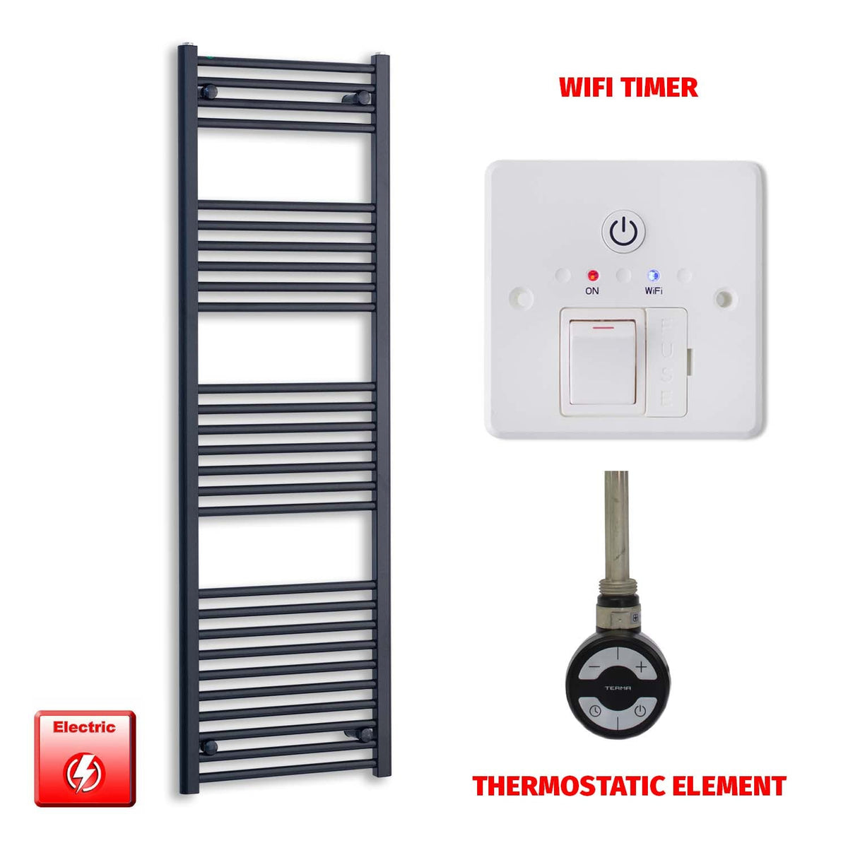 1600 x 550 Wide Flat Black Pre-Filled Electric Heated Towel Radiator HTR MOA Thermostatic Wifi Timer