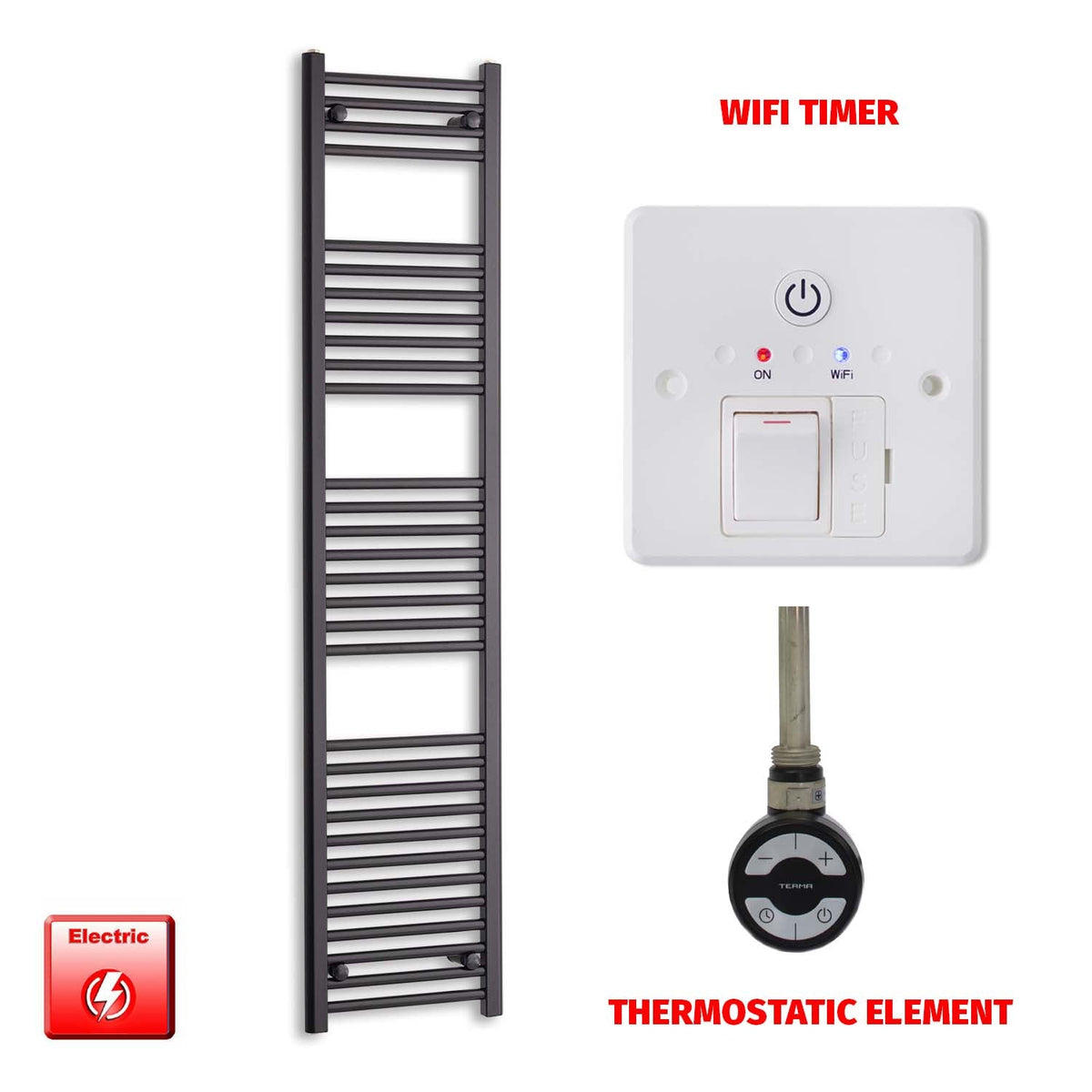 1800mm High 450mm Wide Flat Black Pre-Filled Electric Heated Towel Radiator HTR MOA Thermostatic Wifi Timer